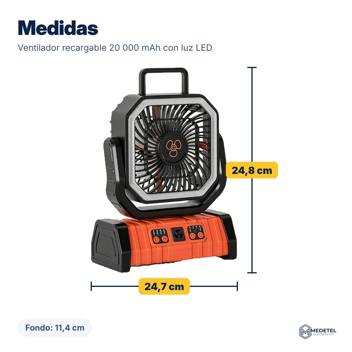 Ventilador recargable 20 000 mAh con luz LED — medidas