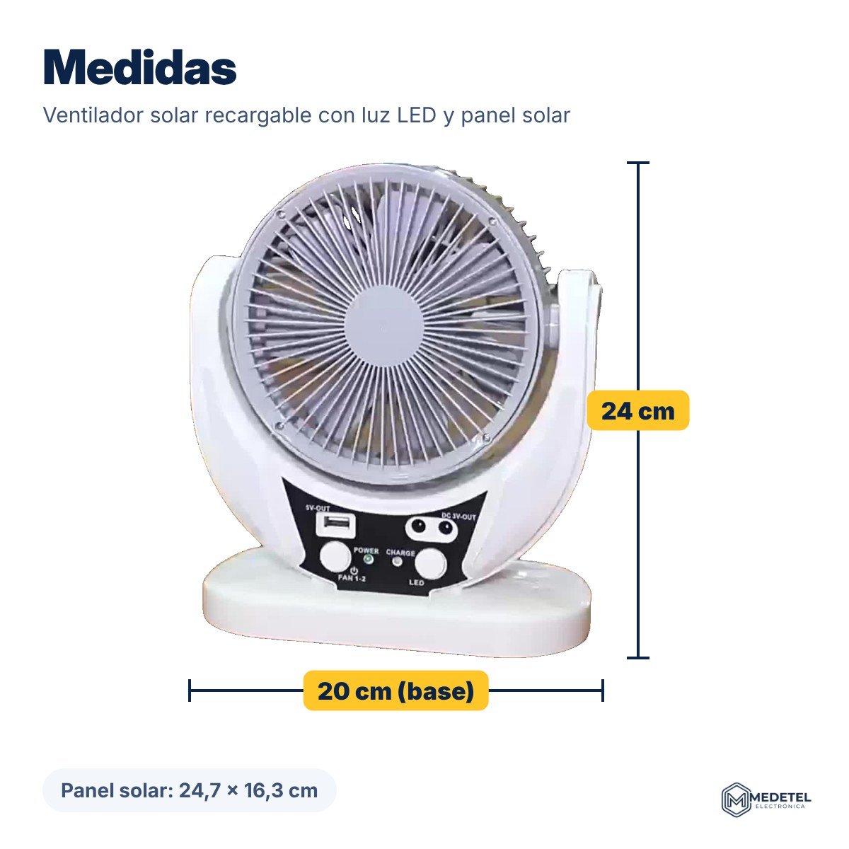 Ventilador solar recargable con luz LED y panel solar — medidas