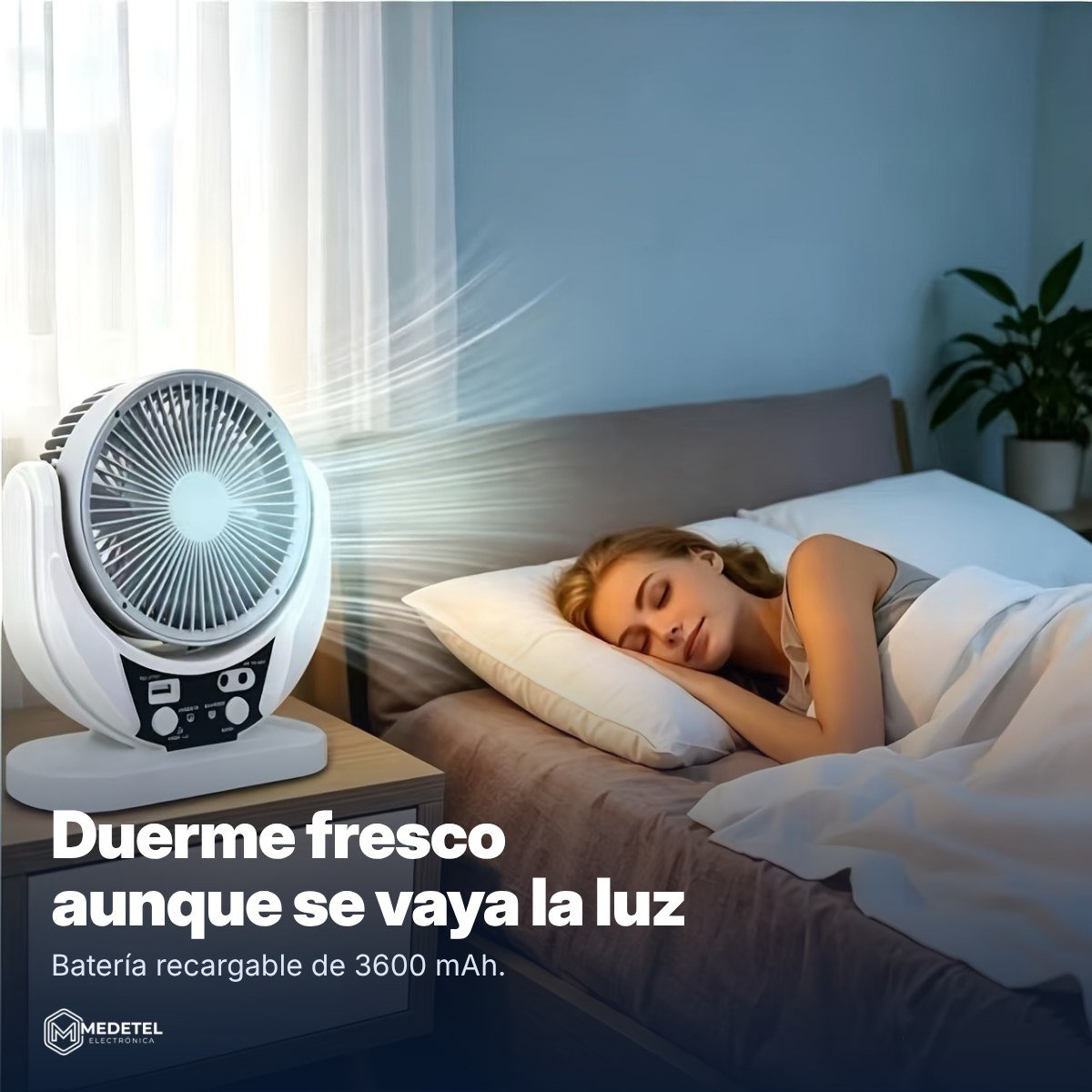 Ventilador solar recargable con luz LED y panel solar — en uso