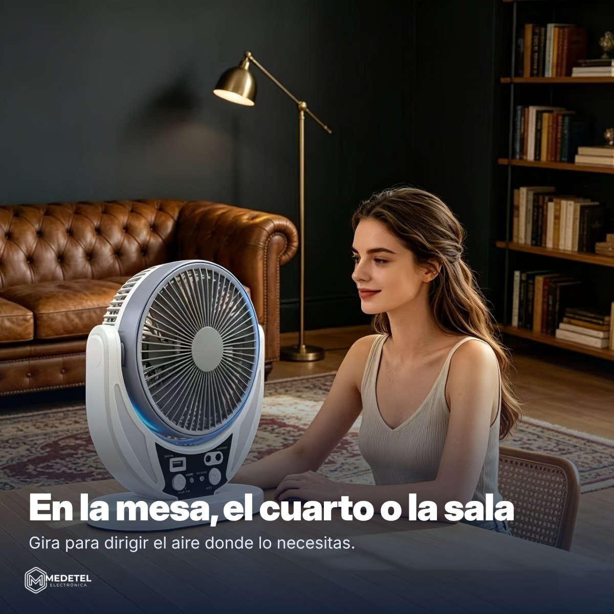 Ventilador solar recargable con luz LED y panel solar — en uso